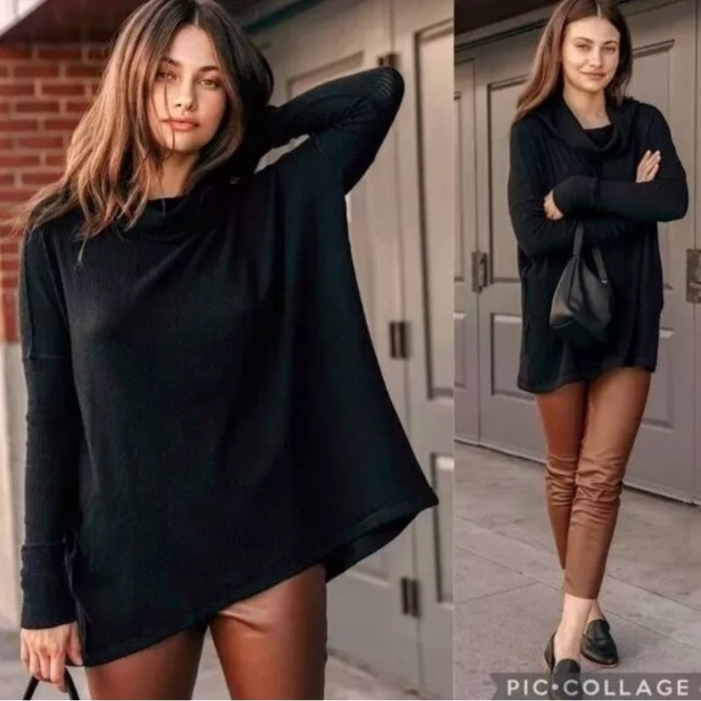 Free People NEW Juicy Womens Sweater Medium Black Cowl Neck Tunic Top Split Back